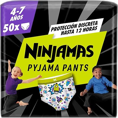 Pañal-Braguita Ninjamas, Talla 4-7 años (17-30 kg), 50 pañales tipo braguita, pañal noche con Naves espaciales, Protección Antifugas durante Toda La Noche