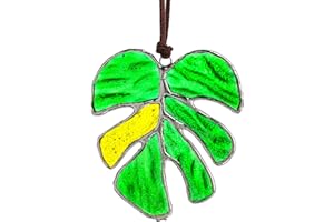 KRISININE Handmade Stained Glass Monstera Leaf Sun Catcher Hanging Glass Suncatcher for Window Panel Pendant for Home Decor