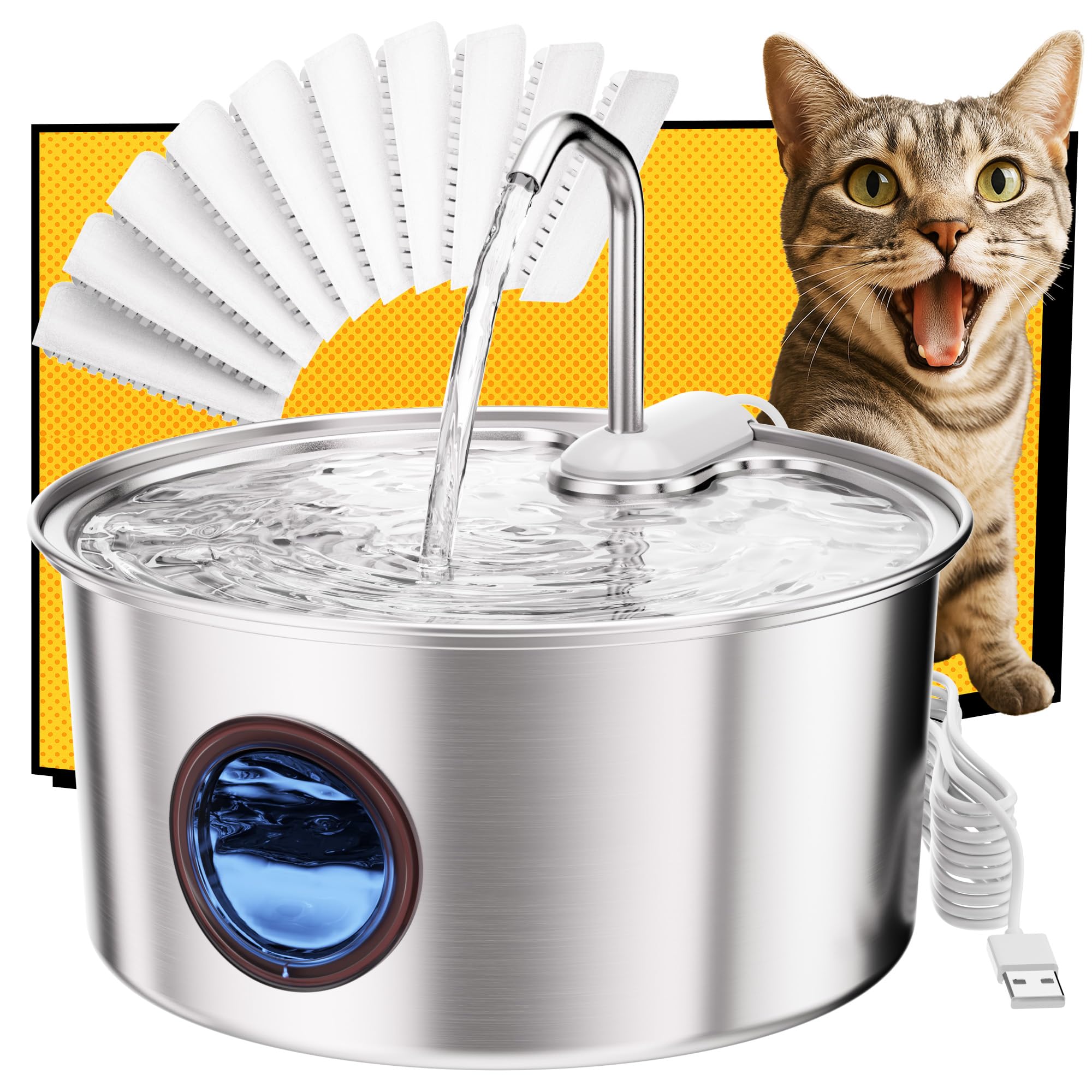 Cat Water Fountain Stainless Steel - 108oz/3.2L Automatic Cat Water Fountain for Drinking with 10PCS Filters, Metal Pet Water Fountain Water Dispenser for Cats, Dogs, Multiple Pets