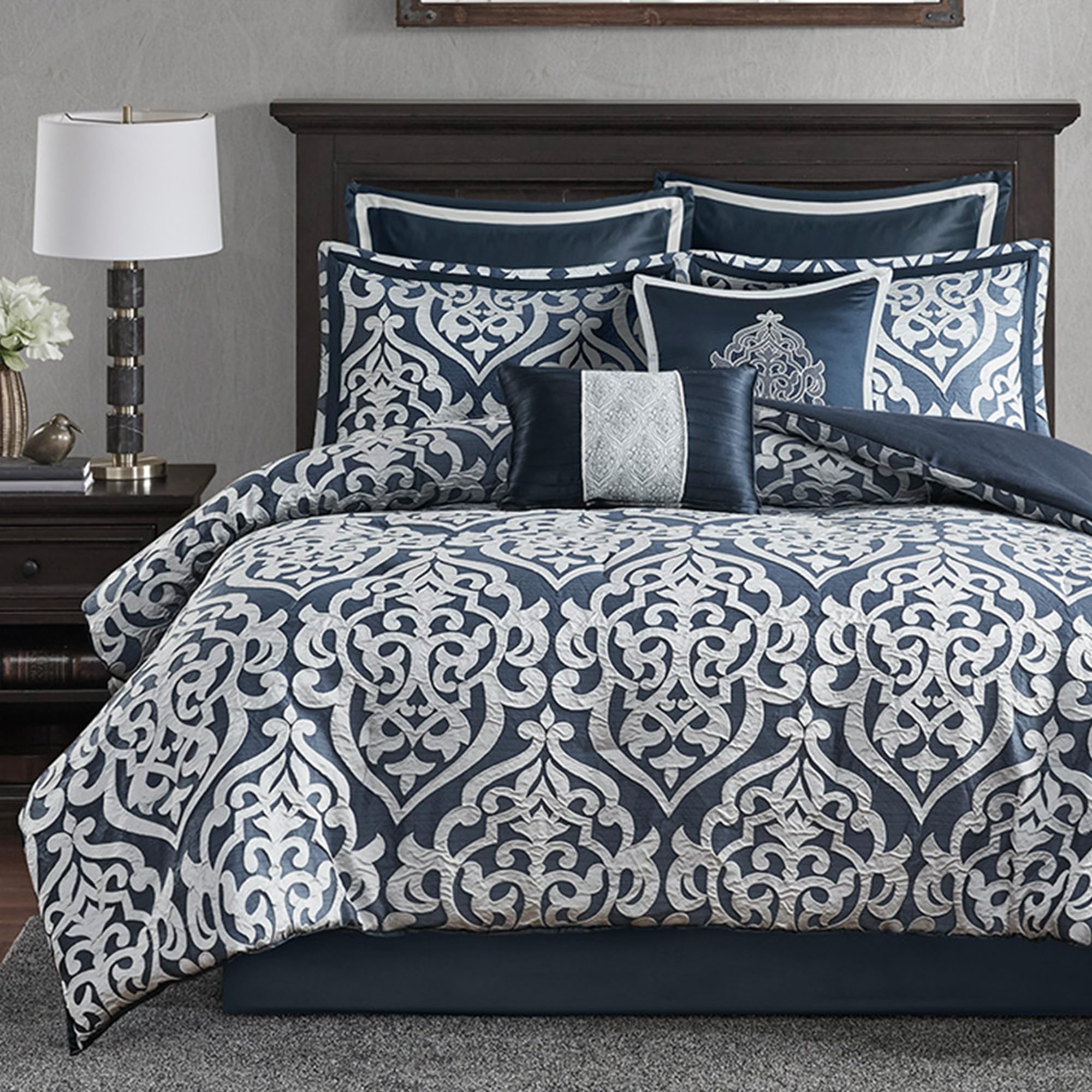 Madison Park Odette Tenda Da Doccia In Tessuto Jacquard | Medaglione Damascato Grigio E Argento | 182x182 Cm Con Asole