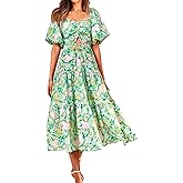 BTFBM Women's Clothing Spring Summer Dresses 2026 Beach Vacation Short Sleeve Smocked Back Boho Casual Floral Maxi Dress