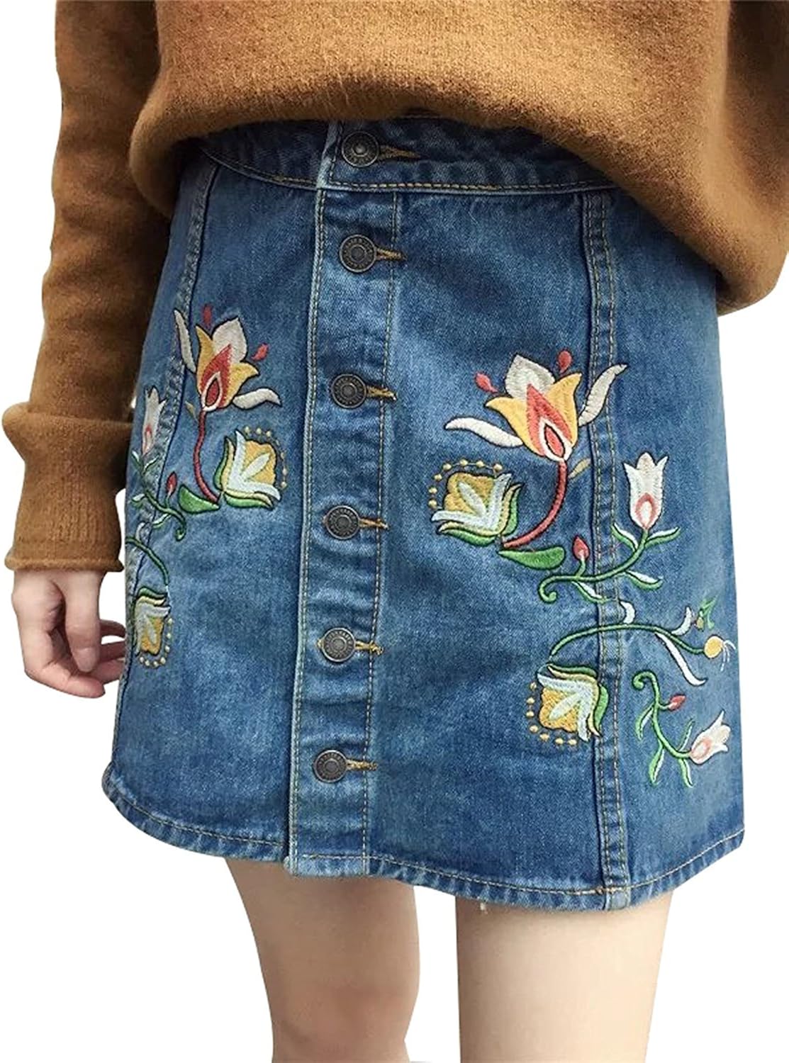 Embroidered Denim Skirt, Women's Vintage Embroidery Denim Mini Skirts