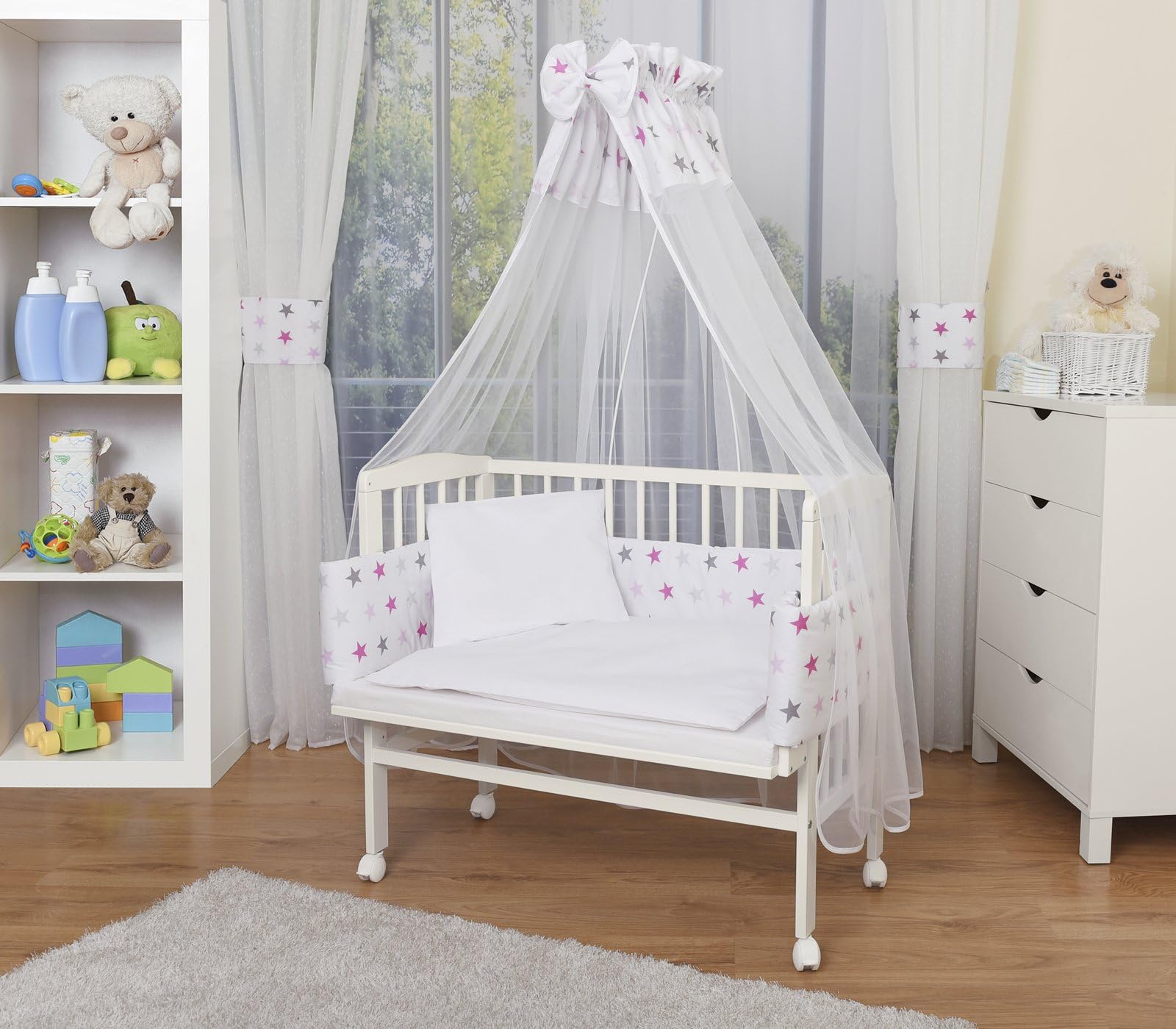 WALDIN Baby Bedside Cot Co-Sleeping Height Adjustable,White Painted, 16 Models Available,Textile Colour White/Stars Grey-Pink