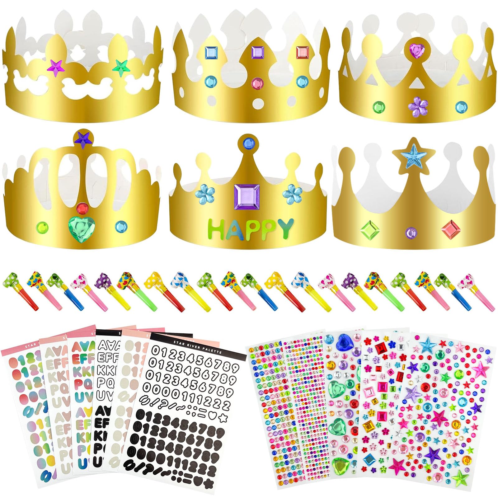 SzSFQ 30 Gold Party Hats, Paper Crowns with 5 Sheets Rhinestone and Number Letter Stickers, For Kids Adults Birthday Celebrate Princess Prince Queen Birthday Party