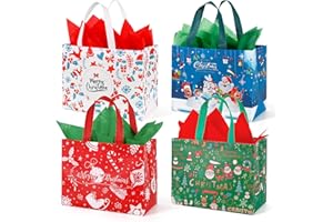 YANGTE Large Christmas Gift Bags with Tissue Paper,12 Pack Reusable Xmas Gift Bags With Handle Christmas Bag Bulk Non-Woven Holiday Gift Bags Christmas Treat Baskets Party Supplies 12.2" x 9.8" x 4.5"