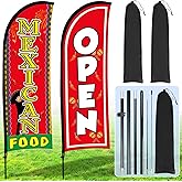 Buryeah 2 Sets Mexican Food and Open Feather Flag 7ft Mexican Food Open Banner Advertising Sign Swooper Flag with Pole Kit Ground Stake Portable Bag for Restaurants, Diners, Markets Business(Red)