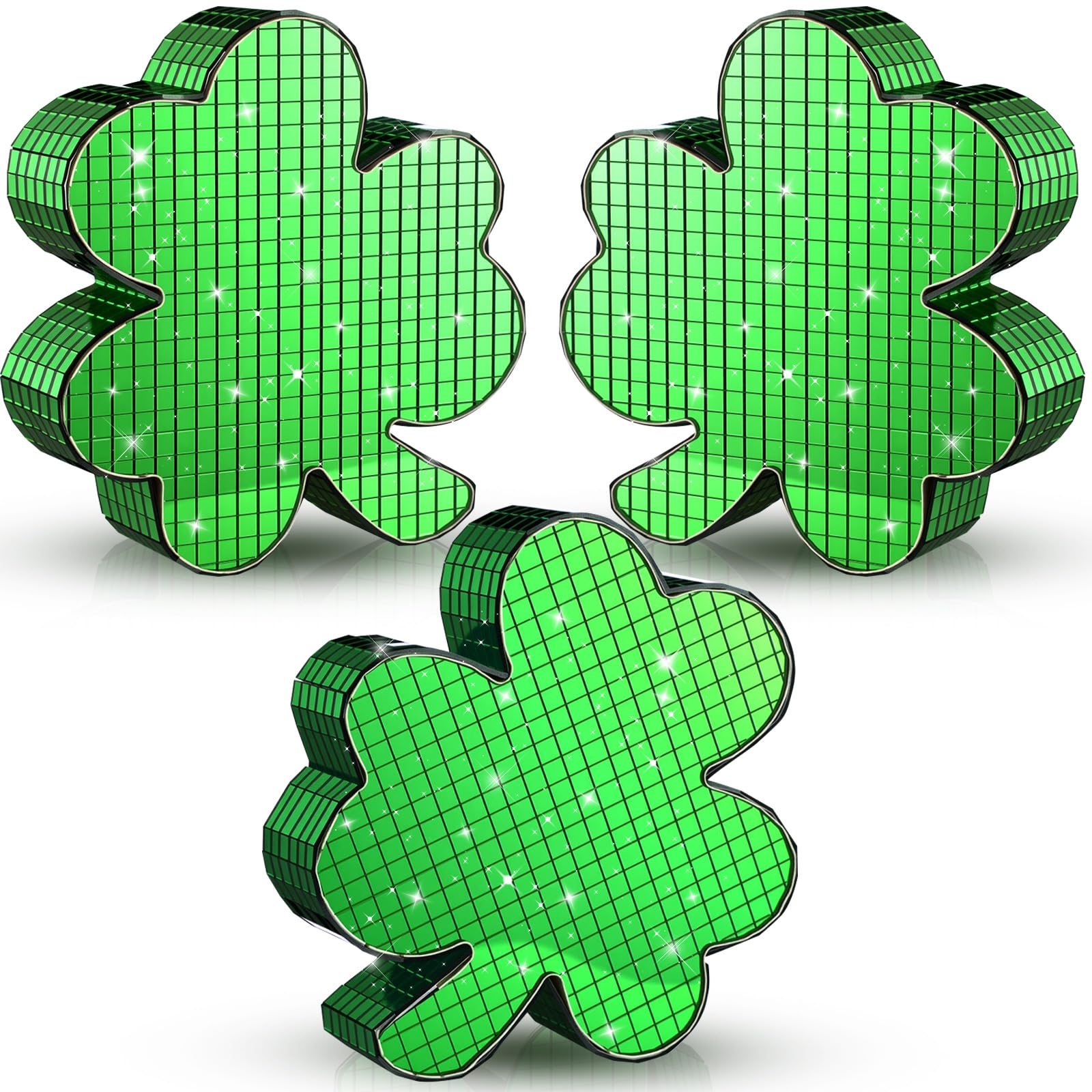Photo 1 of Yuntau 3 Pcs St. Patrick's Day Table Decor Disco Shamrock Tabletop Decorations 4.7" Glitter Shamrock Shaped Decor Disco Mirror Clover Table Centerpiece for St. Patrick's Day Home Decorations