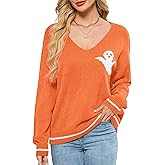 YUURQTY Sweaters for Women Halloween Ghost Long Sleeve V Neck Pullover Sweaters Fall Casual Trendy Loose Knit Sweater Tops