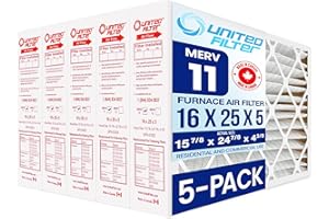 United Filter 16x25x5 MERV 11 Furnace Filter (5-Pack) - Pleated HVAC AC Furnace Air Filter Compatible with Honeywell FC100A10