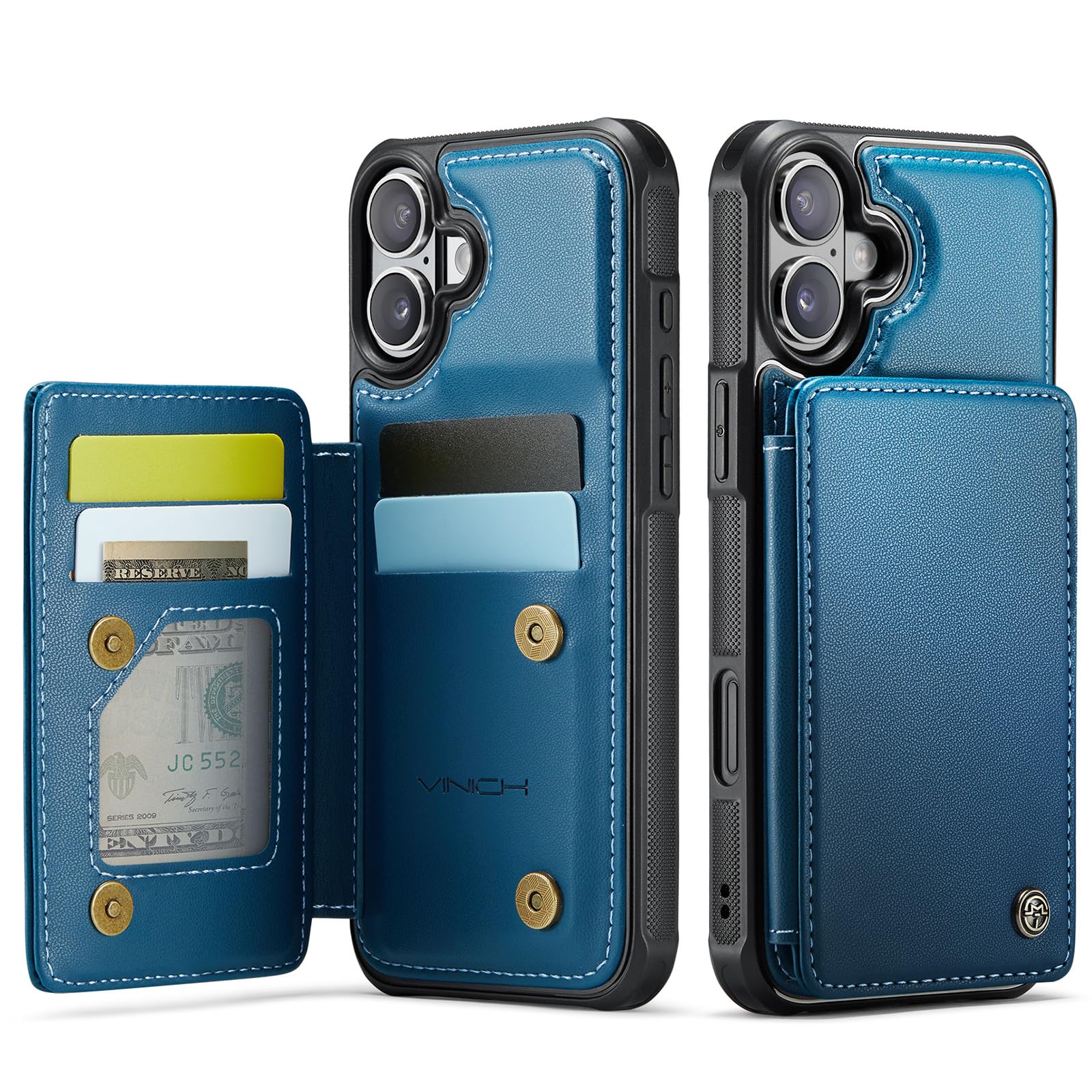 Photo 1 of Vinich for iPhone 16 6.1" Wallet Case with Card Holder, RFID Blocking Credit Slots Kickstand Shockproof Phone Cover for Women Men, Blue