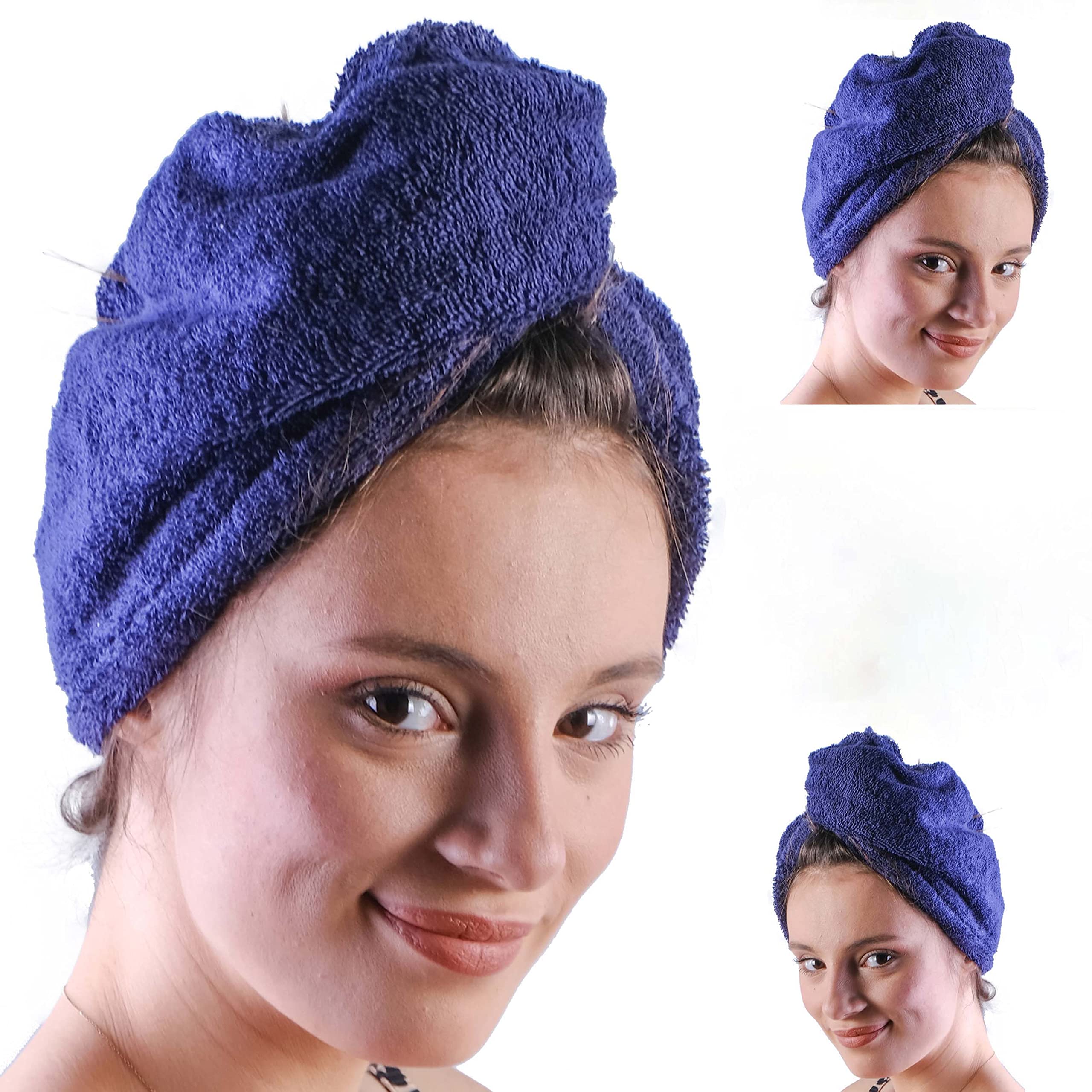 LLAMAXY 100% Pure Organic Cotton Hair Towel - Quick Twist Rapid Dry Turban for Adults and Children - 2 Pack Blue