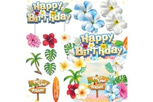 ADIOS TO MY 20S Blue Hawaiian Cartoon Birthday Cake Decorations Tropical Cake Topper Luau Birthday Cake Toppers Hibiscus Flowers Cake Decorations