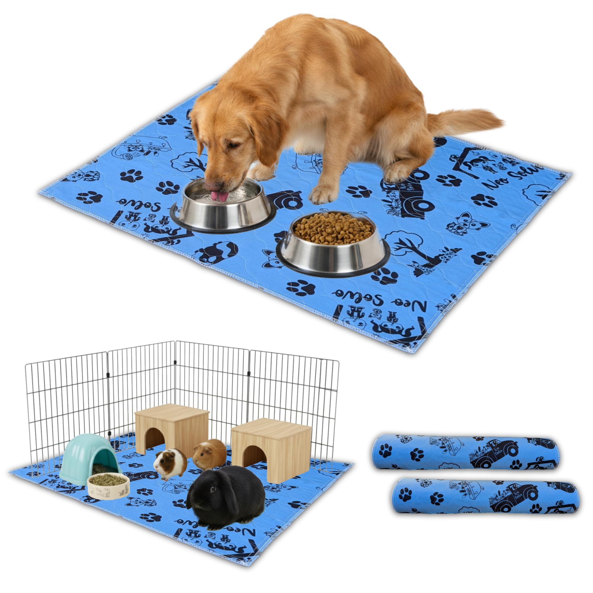 NEO SOLVO Set of 2 Pee Pads 60cm x 90cm - Absorbent Reusable Waterproof Non-Slip - for Dog, Bunny, Guinea Pigs, Cat - Under the Bowl - Potty Training - Under Litter Box - Cage Bottom
