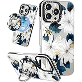 Lotadilo Case for iPhone 16 Pro Max Case Compatible with Magsafe Ring Holder Stand - for Women Blue Flower Design TPU Phone Cover for Girls Girly Funny Fashion
