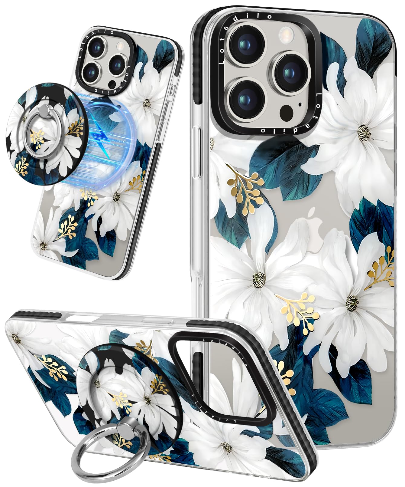 Photo 1 of Lotadilo Case for iPhone 16 Pro Case Compatible with Magsafe Ring Holder Stand - for Women Blue Flower Design TPU Phone Cover for Girls Girly Funny Fashion