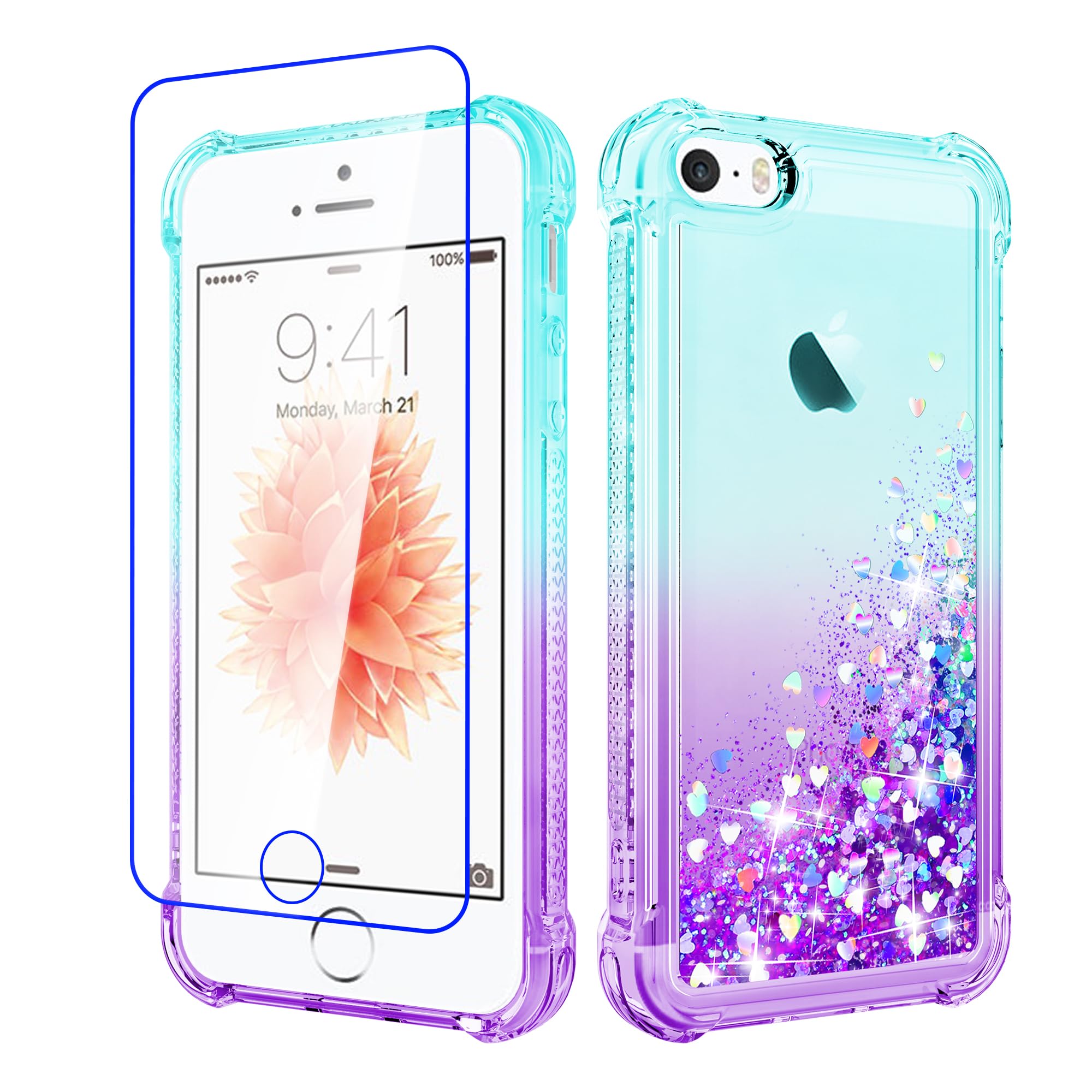 Pilaru for iPhone SE 2016(1st),iPhone 5/5S Case Clear Liquid Heart Lovely Glitter Soft TPU Cover Transparent Girly Protective Phone Case for iPhone SE (1st Gen),Green-Purple โ image 1