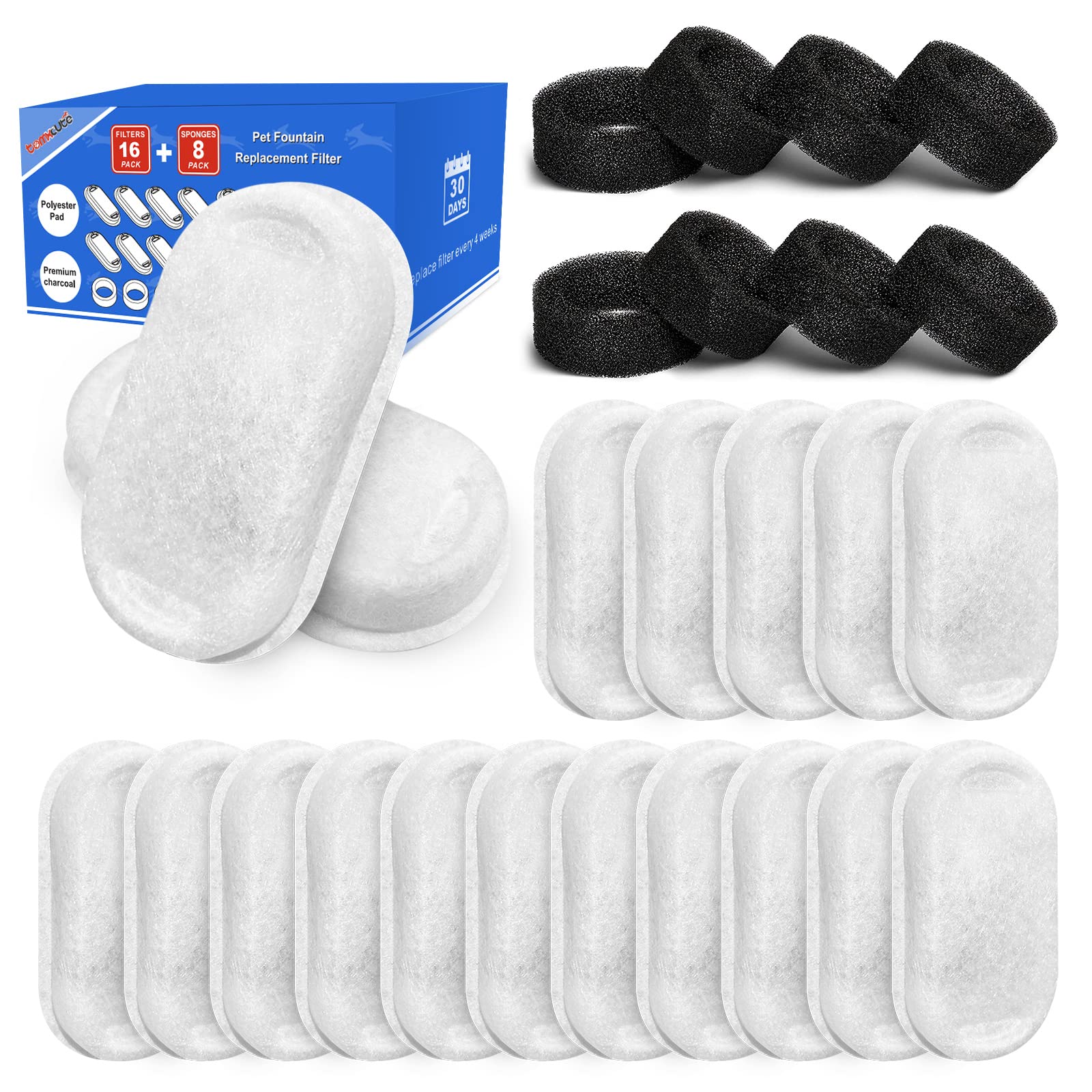 TOMXCUTE Replacement Filter for Stainless Steel Cat Water Fountain, 16 pcs Carbon Filter & 8 pcs Pre-Filter Sponge