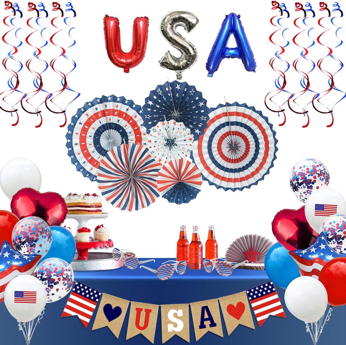 Patriotic Decorations - American Flag Party Supplies, 45 pcs Patriotic Party Supplies Including Paper Fans, Banner, Shades Glasses, Balloons, Star Confetti, Hanging Swirl: Toys & Games