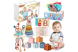 Montessori Baby Toys 6-12 Months, 4 in 1 Montessori Toys Set 6 Months Old+, Stacking Building Blocks Infant Toys, Tissue Box 