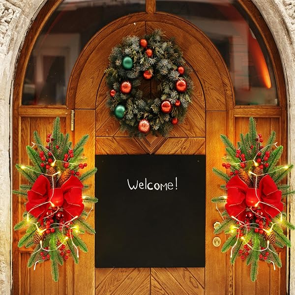 HIBOOM 3 PACK ARTIFICIAL CHRISTMAS TEARDROP SWAGS 24″ XMAS CORDLESS PRELIT STAIRWAY SWAG CHRISTMAS GARLAND STAIRS RAILS DECORATION WITH LED LIGHTS FOR INDOOR OUTDOOR(RED,CLASSIC STYLE)