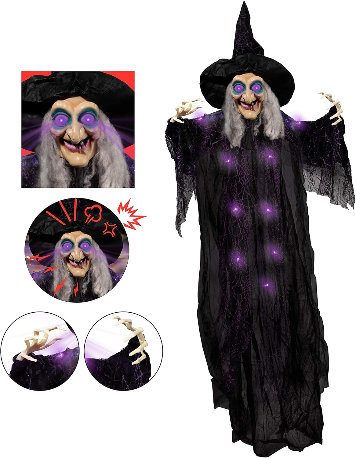 72” Hanging Animated Talking Witch Decoration (Green) with Light-up Eyes and sound activation function for Halloween Haunted House Prop Décor, Halloween Hanging Decorations, Outdoor/Indoor, Lawn Decor: Toys & Games