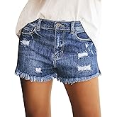 onlypuff Women Denim Shorts Ripped Mid Waisted Jean Shorts with Pockets