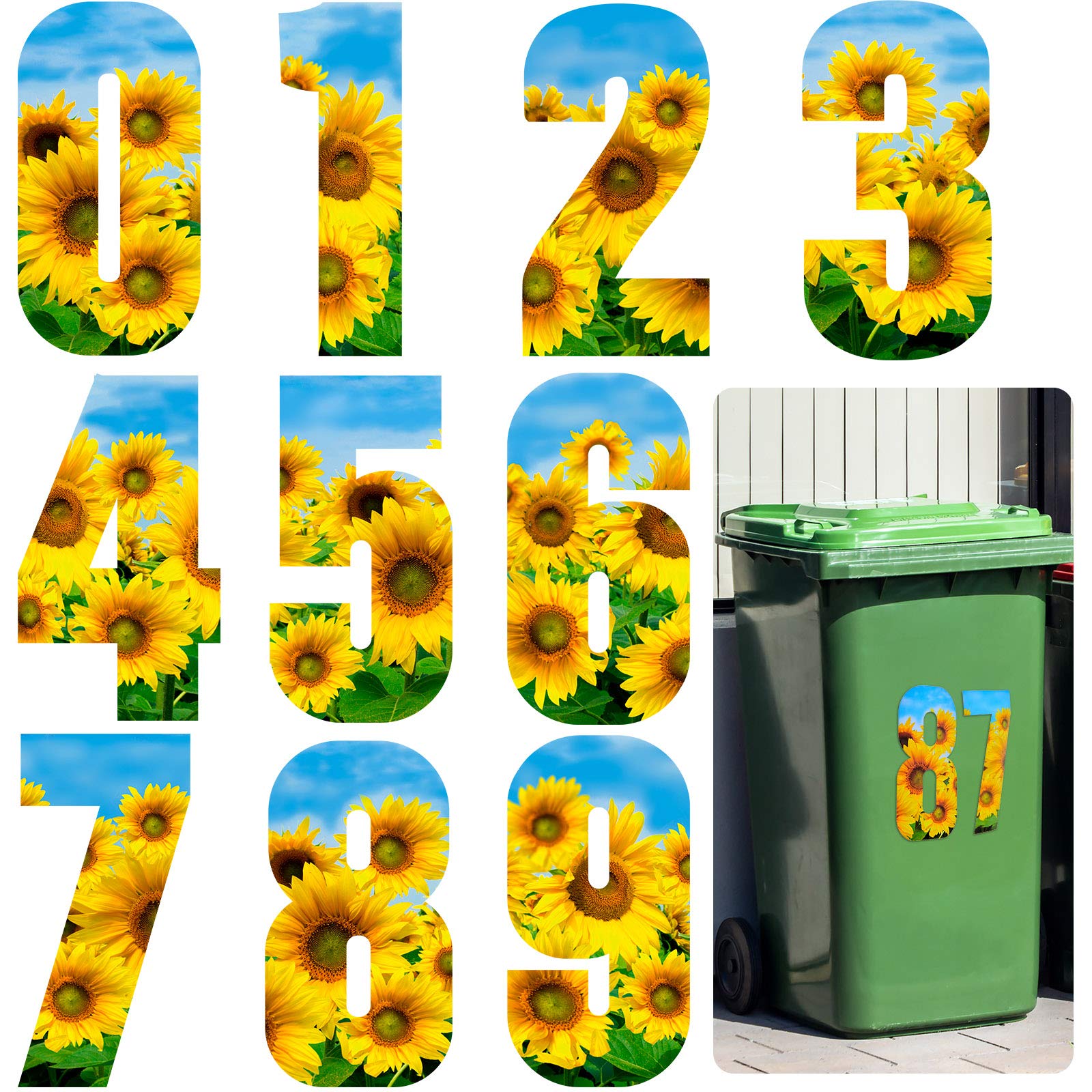 40 Pieces Sunflower Bin Numbers for Wheelie Bins,0 to 9,17 cm Dustbin Number Stickers Waterproof Self-adhesive Large Decorative House Wall Indoor Outdoor