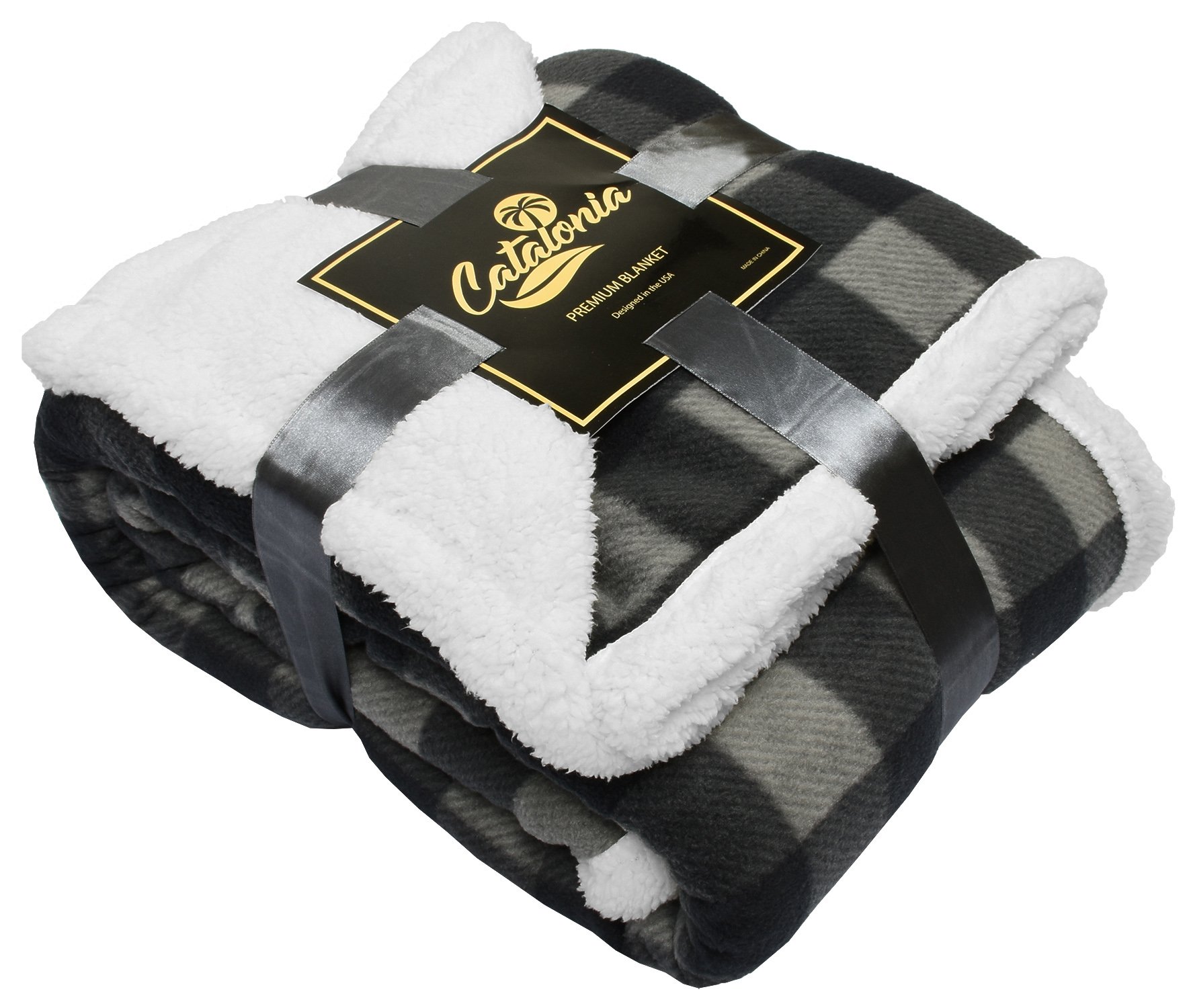 Sherpa Throw Blanket, Luxury Reversible Cozy Fleece Blanket, Warm Super Soft Comfort Caring Gift for Children and Adult, 152cm x 127cm, Black Plaid by Catalonia