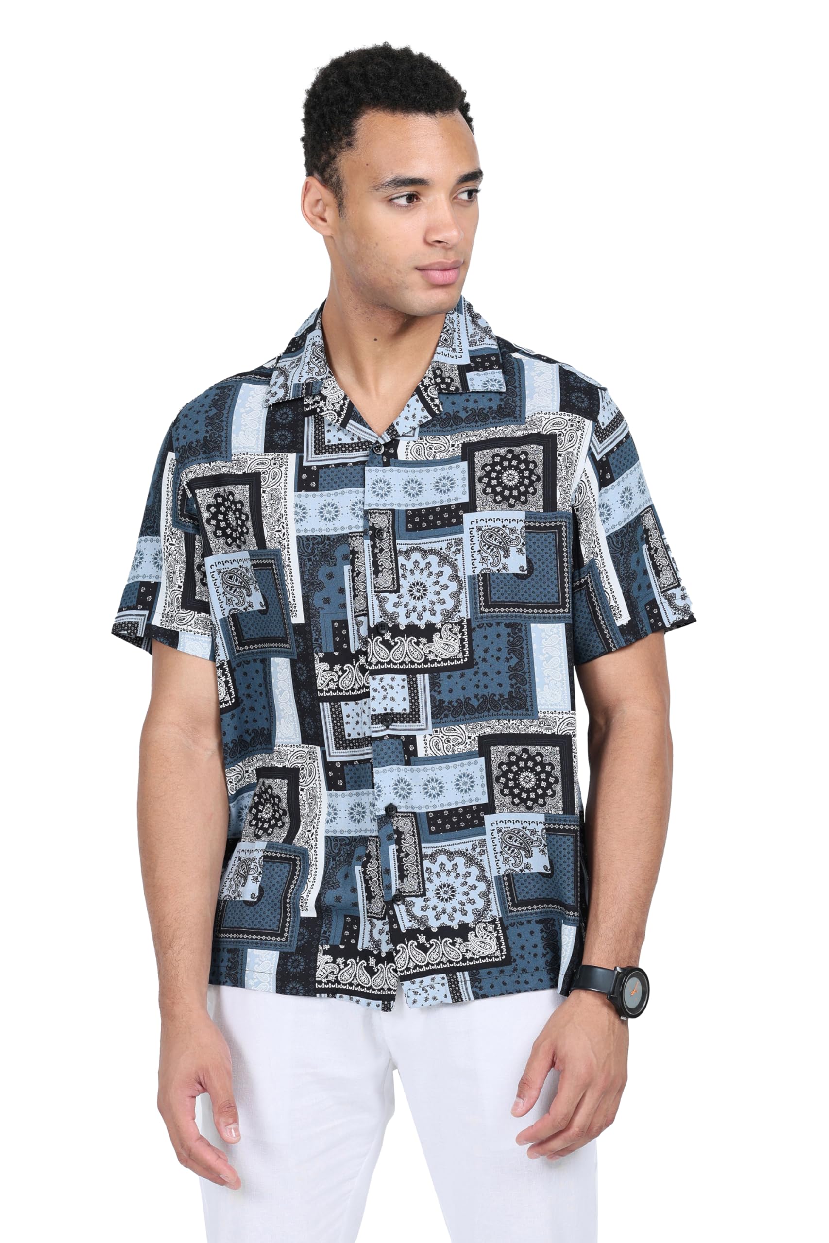 J.Ferrar Diamond Pattern Short Sleeve Rayon Shirt Box Shirt Men's L size Rayon navy blue type Vintage Second Hand