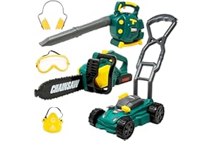 TEGANPLAY Kids Leaf Blower, Toy Chainsaw, and Lawn Mower Set | Realistic Toddler Landscaping Power Tools with Sound and Action| Includes Safety Goggles Mask and Earmuffs