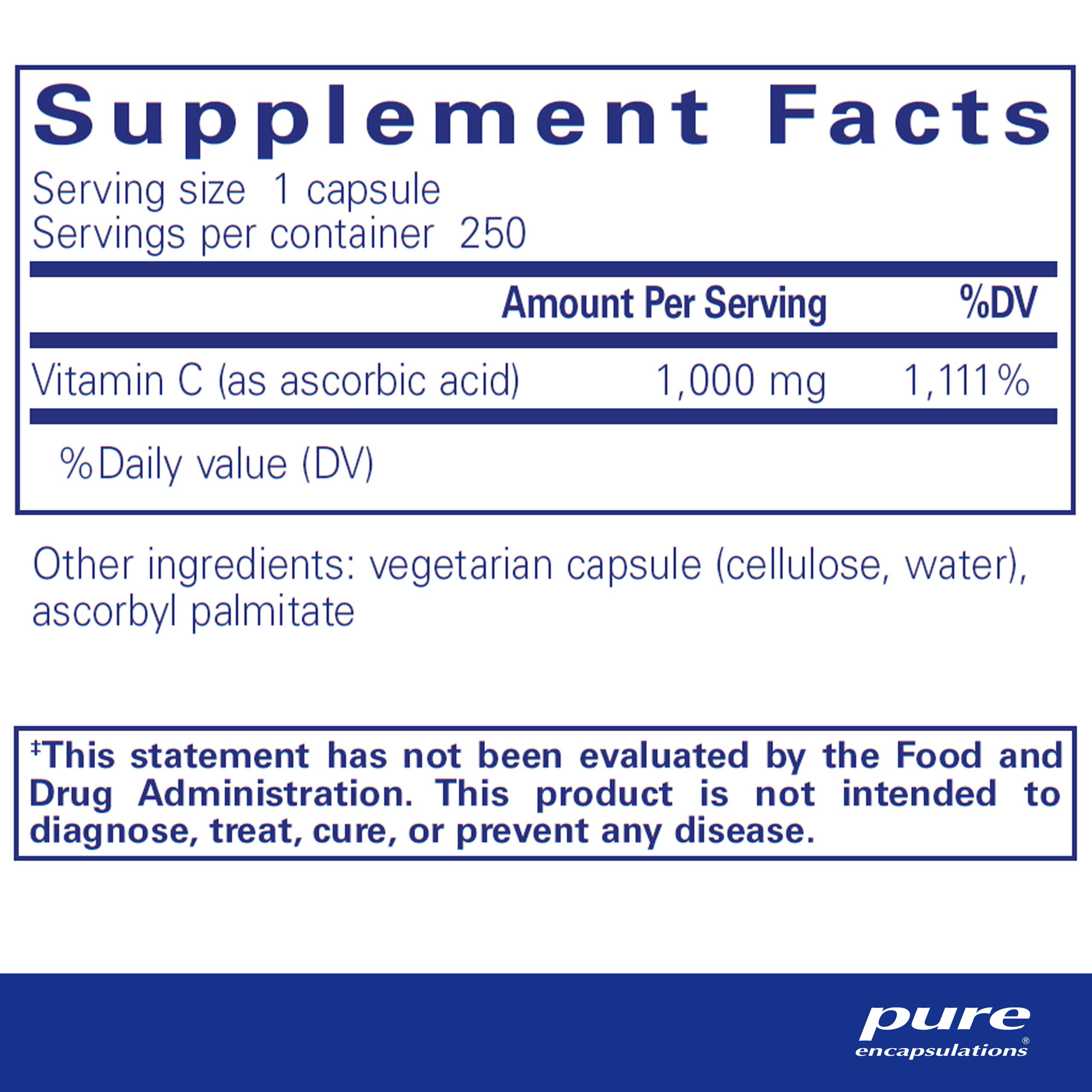 Pure Encapsulations Ascorbic Acid Capsules - 1,000 mg Vitamin C - Antioxidant & Immune Support* - High-Potency Vitamin C - Vegan & Non-GMO - 250 Capsules