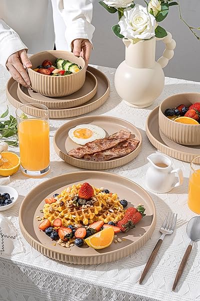 FOBENTA DINNERWARE SETS FOR 4,MICROWAVE SAFE PLATES AND BOWLS SETS,12 PIECE DYLAN DISH SET,REACTIVE GLAZE STONEWARE DINNERWARE SET (MATTE REACTIVE KHAKI BEIGE, SERVICE FOR 4 (12PCS))