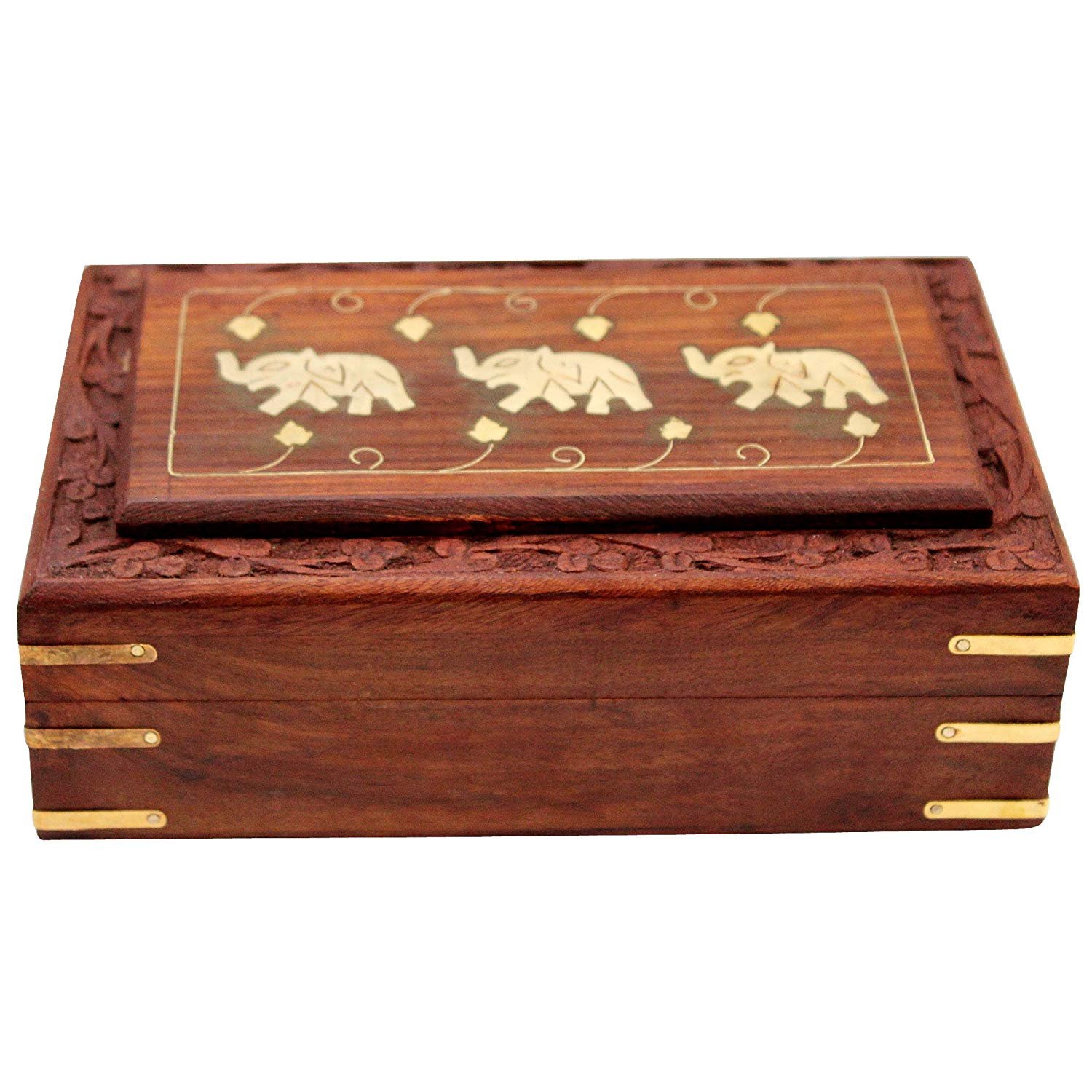 Garden Of Arts Multipurpose Handcrafted with Floral Carvings Antique Finished Wooden Jewellery Box Organiser 8 x 5 Brown