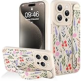 AIGOMARA for iPhone 15 Pro Case with Strap for Women Girls, Cute Floral Flowers Pattern, Soft Wirstband Kickstand Silicone Protective Cover, White