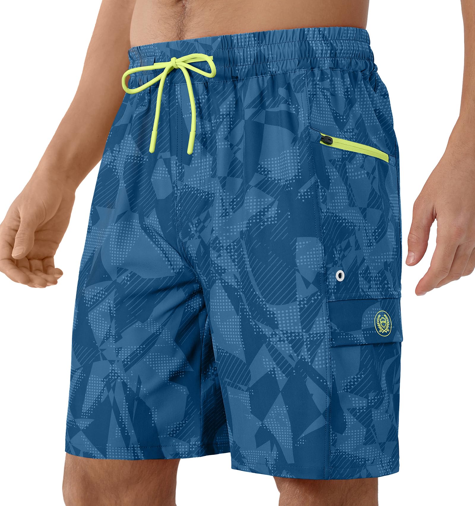 APTRO Badehose Herren ohne Futter Schnelltrocknend Lang Sporthose Badeshorts mit Reißverschlusstasche und Verstellbarem Tunnelzug Tiefblau Geometrie L