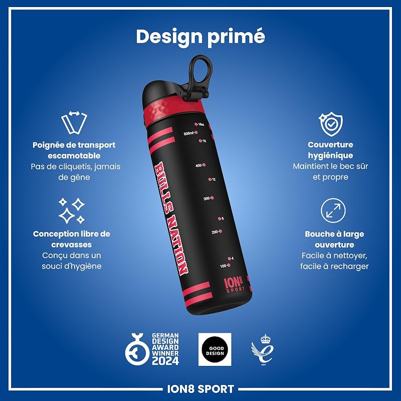 NBA Chicago Bulls Gourde, 500ml, Anti-Fuite, Facile à Ouvrir, Verrouillage Sécurisé, Lavable en Lave-vaisselle, Sans BPA, Poignée de Transport, S'adapte aux Porte-gobelets, Facile à Nettoyer