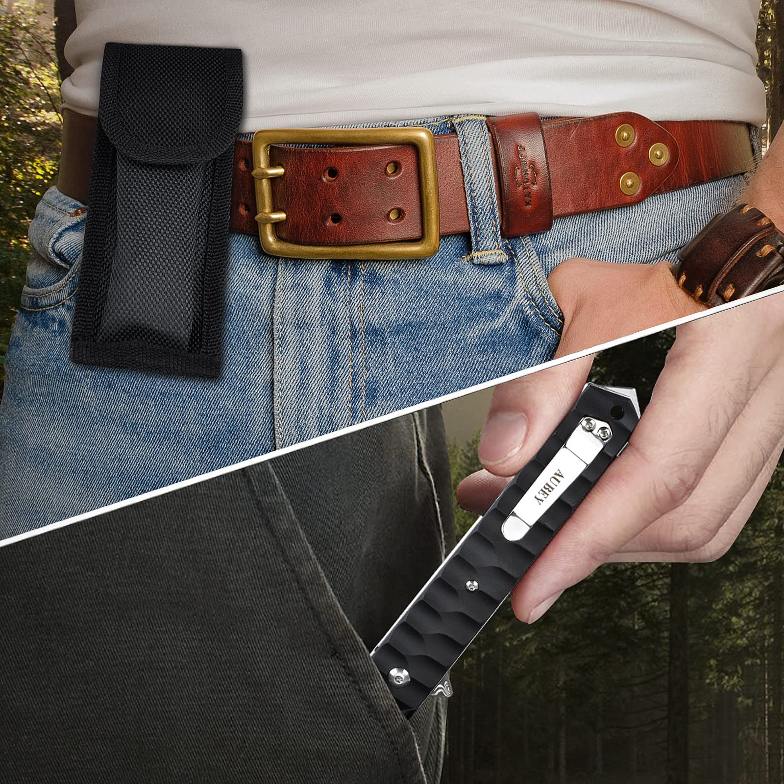 AUBEY Damast Taschenmesser Klappmesser mit Clip, Damaststahl Klinge Tanto Messer mit Flipper, Liner Lock, Aluminium Griff, Glasbrecher, Geschenkbox - Einhandmesser für EDC Jagd Camping Sammeln 8
