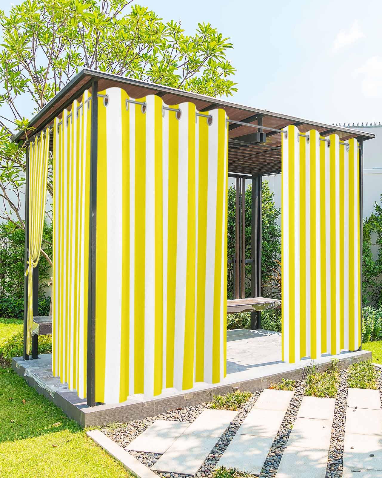 Photo 1 of Striped Outdoor Curtains for Patio Waterproof Weatherproof,Yellow and White Outdoor Curtains,Sun Blocking Privacy Grommet Outside Curtains Weighted Drapes for Gazebo Porch Pergola,2 Panels,54W x 84L