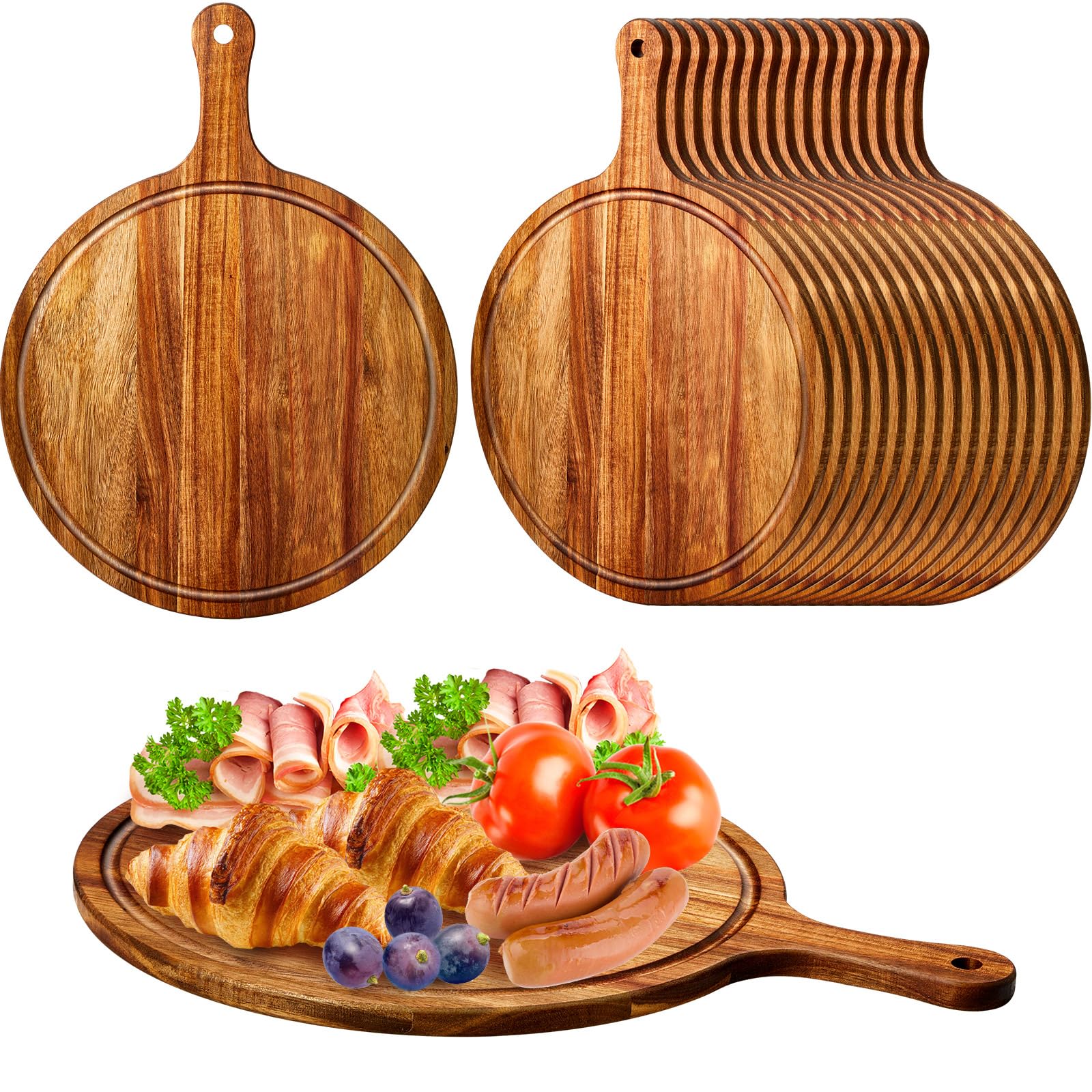Photo 1 of Nuenen 30 Pcs Round Wood Cutting Board with Handle Acacia Bamboo Wooden Serving Kitchen Chopping Boards for Pizza, Bread, Cheese, Charcuterie, Fruit, Vegetables (Acacia)
