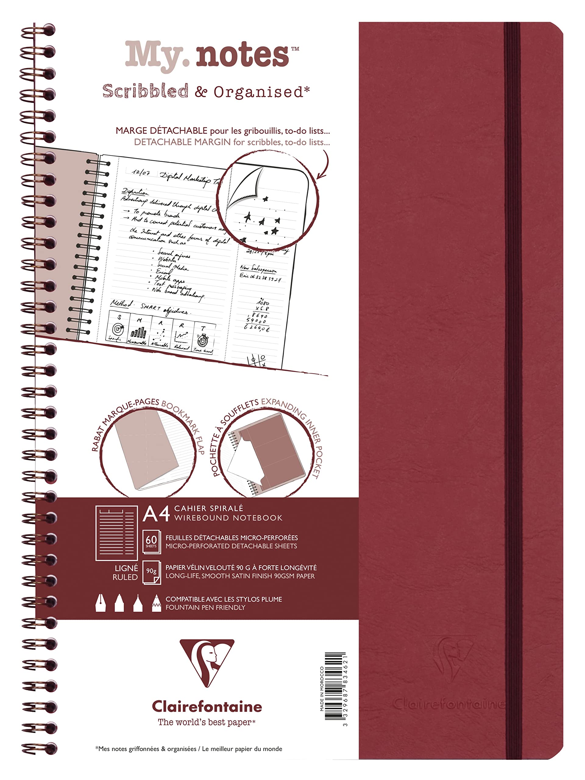 Clairefontaine 783462C Age Bag Collection MyNotes Red Spiral Notebook w/ Margins - A4 21x29.7cm - 120 Detachable Ruled Pages 90g White Paper - Leather Cover