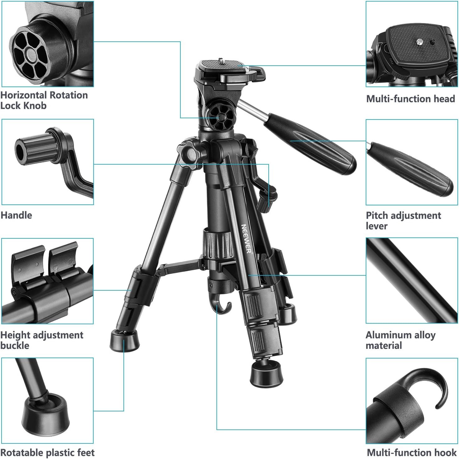 Neewer Mini Travel Tabletop Camera Tripod 24 inches/62 centimeters, Portable Aluminum with 3-Way Swivel Pan Head for DSLR Camera, Smartphones, DV Video up to 6.6 pounds/3 Kilograms (T210) : Camera & Photo