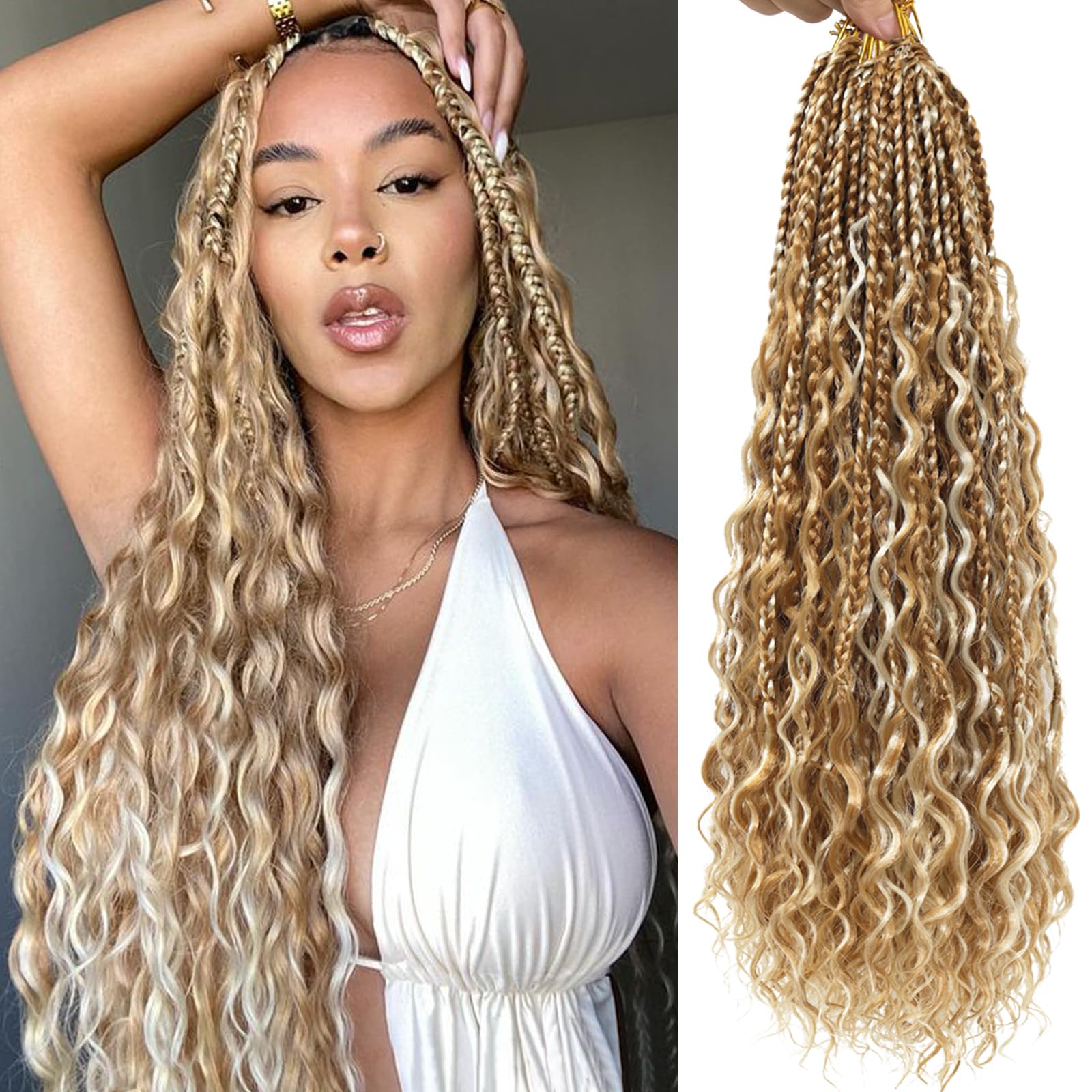 Photo 1 of Eeanno Goddess Box Braids Crochet Hair 18 Inch 7 Packs Mixed Blonde 613 Pre Looped Boho Crochet Braids with Curly Ends for Black Women