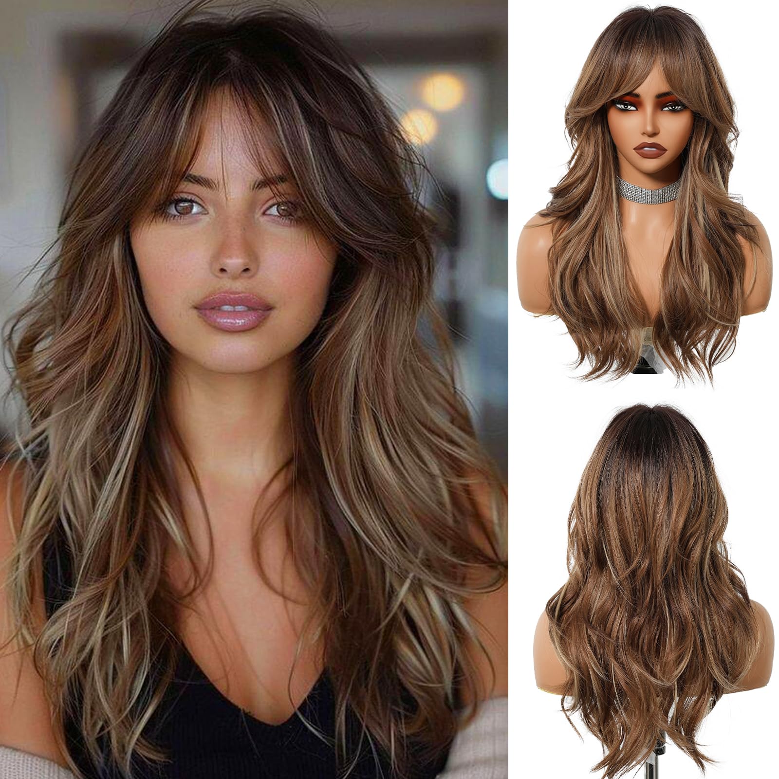 OUFEI Long Ombre mixed Brown Wig With Bangs Natural Wavy Wigs for Women Natural Synthetic Hair Heat Resistant Wigs for Daily Party Cosplay Wear — image 1