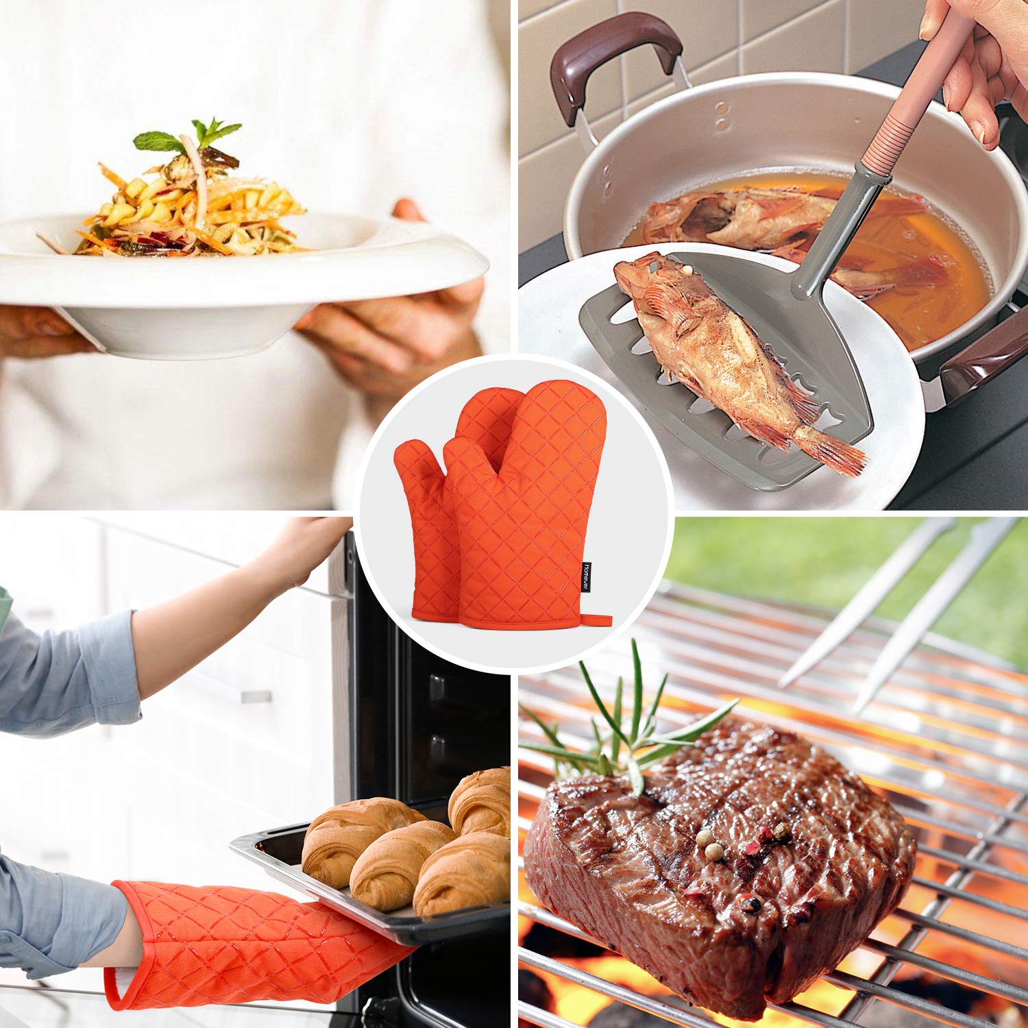 Homever Ofenhandschuhe,Hitzebeständige Handschuhe bis zu 260℃,Silikon Anti-Rutsch Grillhandschuhe, Geeignet für Kochen, Backen, Grillen,Topfhandschuhe,Orange,1 Paar