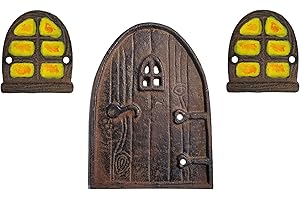 Lulu Decor, 100% Cast Iron Rustic Brown Miniature Fairy Door 5" and 2 Windows, Garden Ornament Ideal for Bottom of Trees (5 Inch - Round Top)