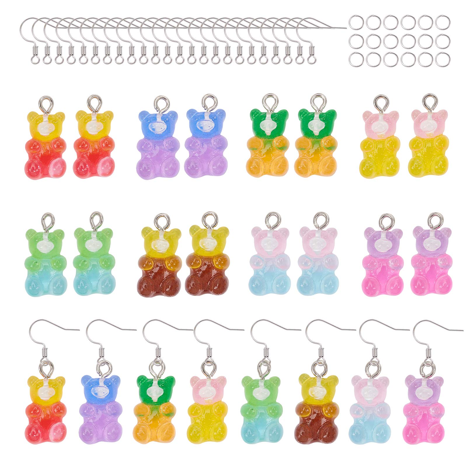 NBEADS 300 Pcs Bear Earring Making Kits, 8 Colors Resin Gummy Bear Pendant with Jump Rings and Earring Hooks for DIY Jewelry Making, Hole: 2mm
