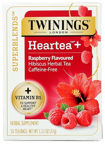 TWININGS, SUPERBLENDS, HEARTEA WITH VITAMIN B1, RASPBERRY, HIBISCUS HERBAL TEA, CAFFEINE FREE, 16 TEA BAGS, 1.12 OZ (32 G)