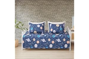 Kebury 3 Piece Navy Daybed Cover Set Twin Reversible Daybed Bedding Sets Kids Space Planet Day Bed Cover Double Sided Quilting Universe Bedspread Coverlet for Twin Bed with 2 Standard Shams,39"x75"