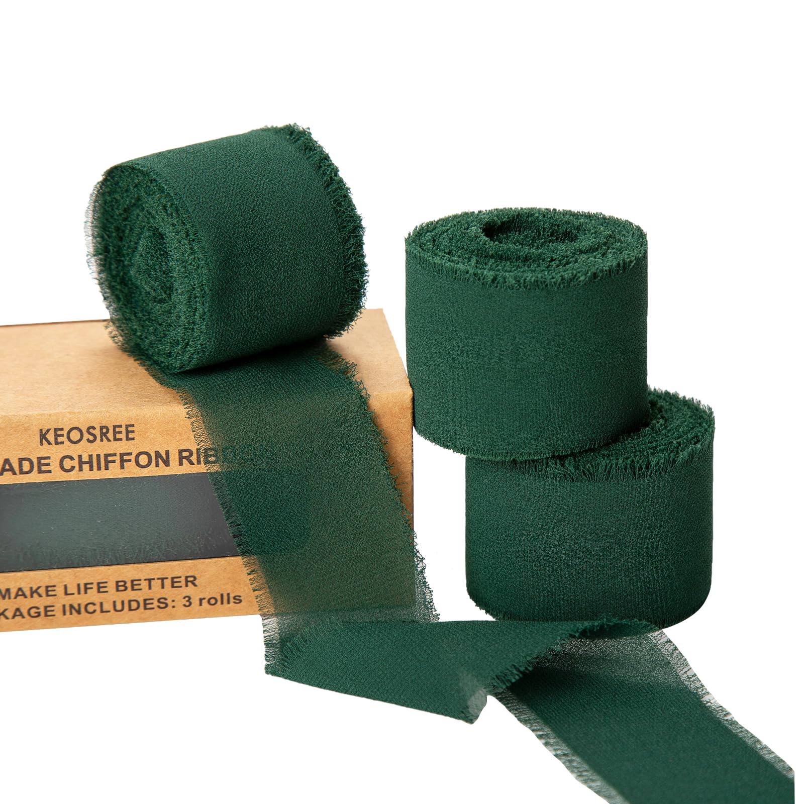 Photo 1 of KEOSREE 3 Rolls Dark Green Handmade Chiffon Ribbon,1.5" x 21Yd Frayed Fringe Silk Ribbons (3 Rolls *7Yd) for Gifts Wrapping, Wedding Invitations, Bridal Bouquets, Decorations