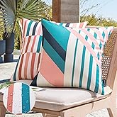 Phantoscope Pack of 2 Outdoor Pillows Waterproof Geometric Stripes Outdoor Pillow Covers, Decorative Square Patio Pillows Cushion Case for Couch Tent Sunbrella, Blush Pink and Teal 18 x 18 Inches
